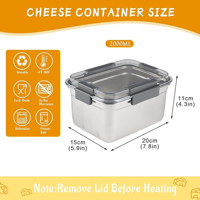 Cheese Container for Refrigerator,Cheese Stainless Steel Container with Lids,Deli Meat Saver,Kitchen Storage Keeper box,fridge organizer Stackable Sliced Grated,Shredded,Cheddar Cheeses Holder