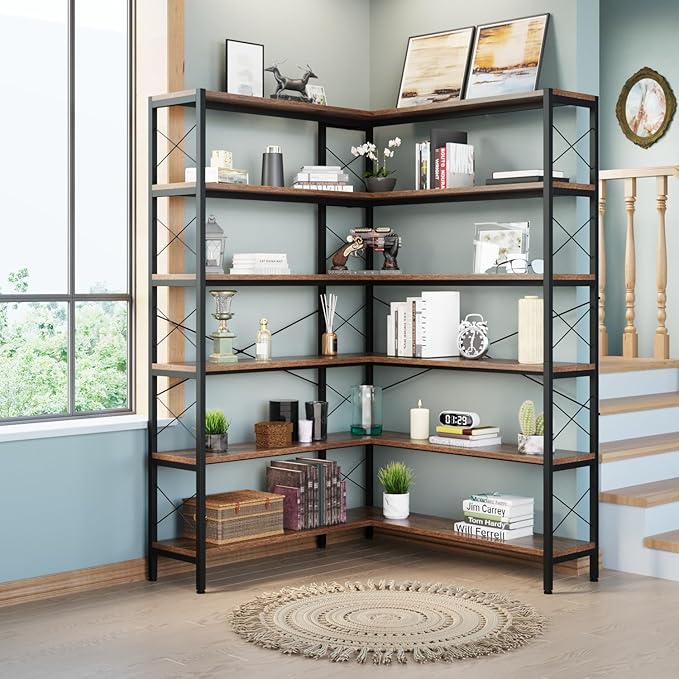 6-Shelf Corner Bookshelf, Vintage Industrial L Shaped Bookshelf Etagere Bookcase, Corner Shelf with Metal Frame Open Storage Rack Corner Book Shelf for Home Office Living Room (Retro Brown)