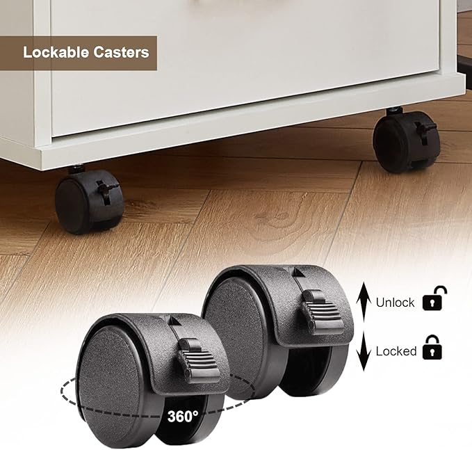 TUKAILAi Mobile File Cabinet with 3 Drawers, Lockable Storage Unit Wooden Rolling Office Filing Cabinet with Wheels, for Legal/Letter/A4 Sized Documents Home Office (White 2PCS)