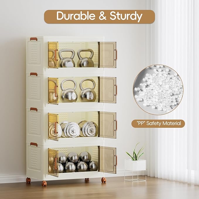 JEKO&JEKO 756 Qt Plastic Storage Bins with Lids, Doors & Wheels, 7 Pack Extra Large Stackable Collapsible Storage Cabinets and Closet Organizers for Home Office, Cream