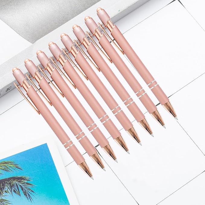 PASISIBICK 8 Pack Rose Gold Ballpoint Pen 2-in-1 Stylus Retractable Metal Stylus Pen for Touch Screens with Stylus tip, 1.0 mm Black Ink(8 PCS Rose Gold)