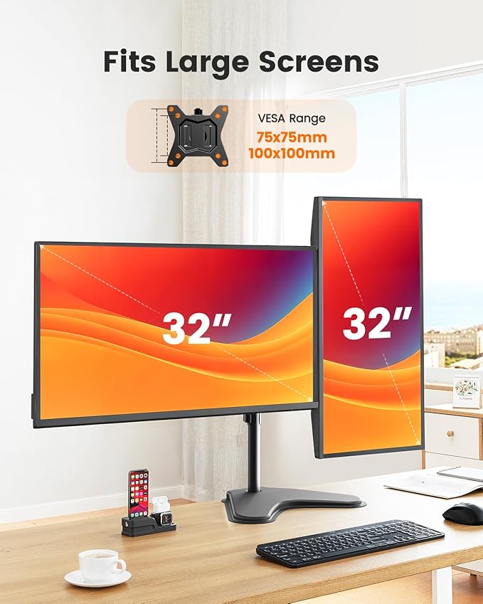 ErGear Freestanding Dual Monitor Stand for 2 Screens up to 32 inch, Heavy Duty Monitor Mount Holds Max 22 lbs per Arm, Height Adjustable Computer Monitor Stand for Desk, VESA 75x75/ 100x100mm, Black