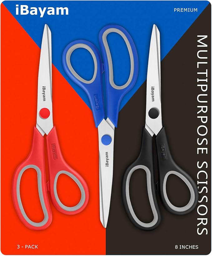Scissors, iBayam 8" All Purpose Scissors Bulk 3-Pack, Ultra Sharp 2.5mm Thick Blade Shears Comfort-Grip for Office Desk Accessories Sewing Fabric Home Craft School Supplies, Right/Left Handed