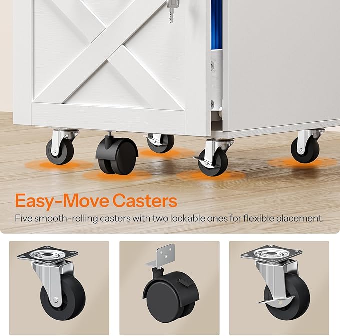 HOOBRO 3 Drawer File Cabinet with Lock, Mobile Farmhouse Filing Cabinet for A4/Letter Size, Under Desk Rolling Office Cabinet, Printer Stand with Storage for Home Office, White and Walnut WH67WJ01