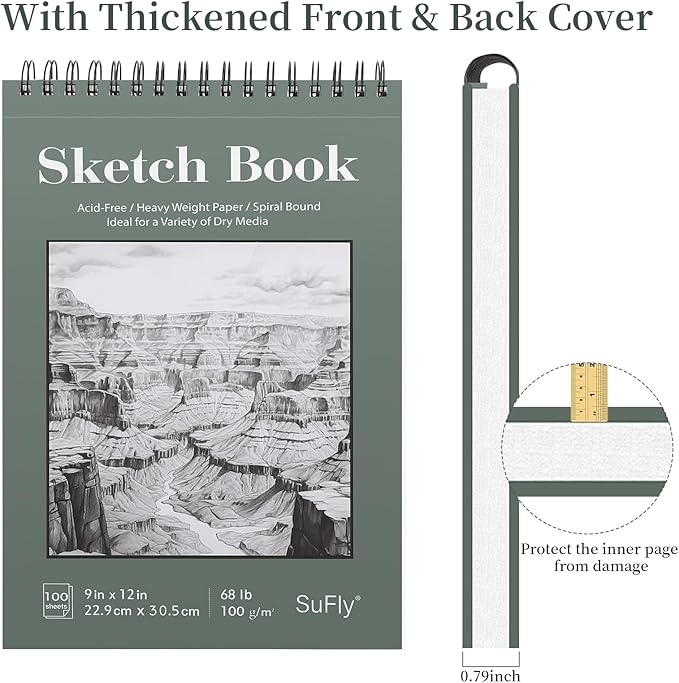 SuFly 9"x12" Drawing Paper, Pack of 2, 100 Sheets Each, Top Spiral Sketch Pad, 68lb/100gsm, White.