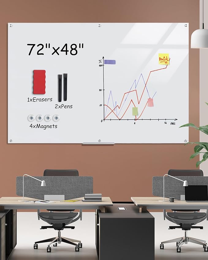 Magnetic Glass Whiteboard,72"x48" Wall Mounted Frameless Dry Erase Board for Office, Home & School Ultra White