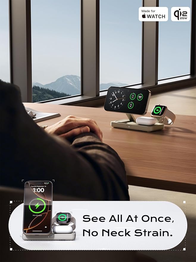 THREEKEY 3 in 1 iPhone 17 Charging Station,MagSafe Charger Compatible, Qi2 25W MFi Certified Wireless Charger Stand for iPhone 17/16/15/14/13/12, Apple Watch, AirPods(45W Adapter Included)