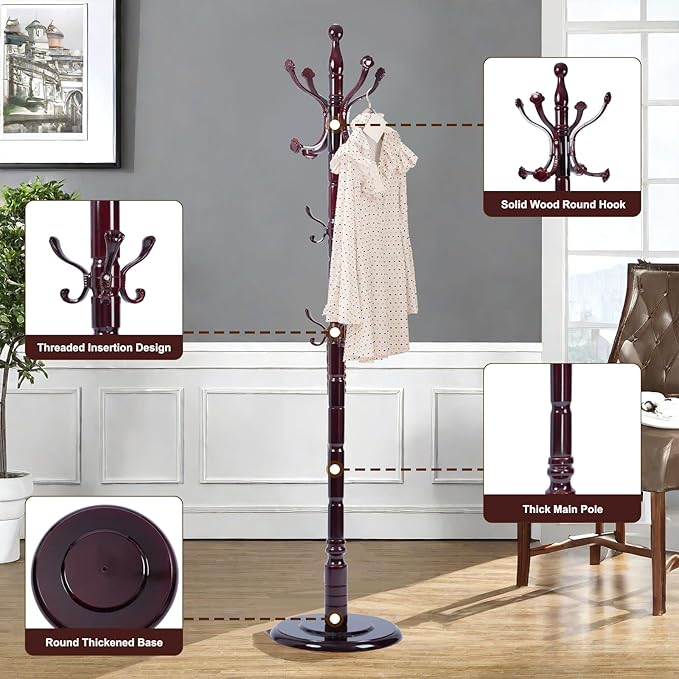 Solid Wood Coat Rack – 72" Freestanding Coat Racks Stand with 14 Hooks & Stable Base, Adjustable Height Modern Wooden Hall Tree for Entryway, Bedroom, Office, Home (Mahogany Lucky Hook)