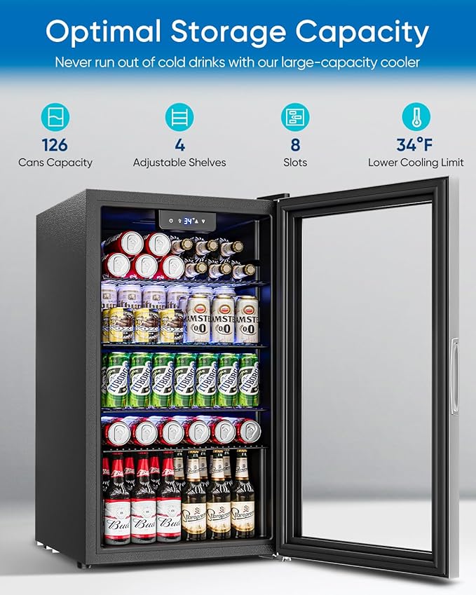 3.2 Cu.Ft Mini Fridge with Glass Door - 126 Can Beverage Refrigerator Cooler for Drink Beer Wine Soda, Small Refrigerator for Bedroom Office Bar Dorm, 4 Adjustable Shelves, Silver
