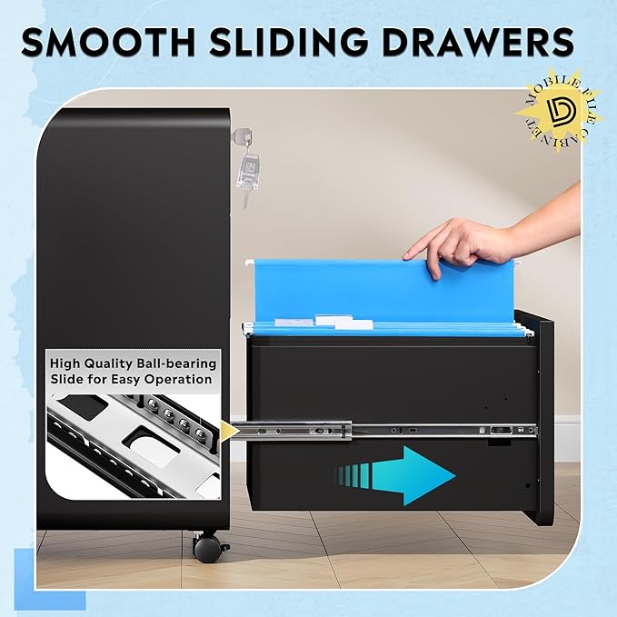 DEVAISE 3-Drawer File Cabinet, Thickened Metal Mobile Filing Cabinet with Lock, Under Desk Cabinet for Home Office, fits A4/Letter/Legal Size, Fully Assembled, 20" D x 15.8" W x 25" H, Black