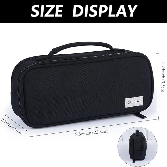 MAMUNU Pencil Case Large Capacity with 3 Compartments, Pencil Case Pouch Bag with Zipper Handle Portable Pen Stationery Organizer for Teen Girls Boys Adults College School Office Travel, Black