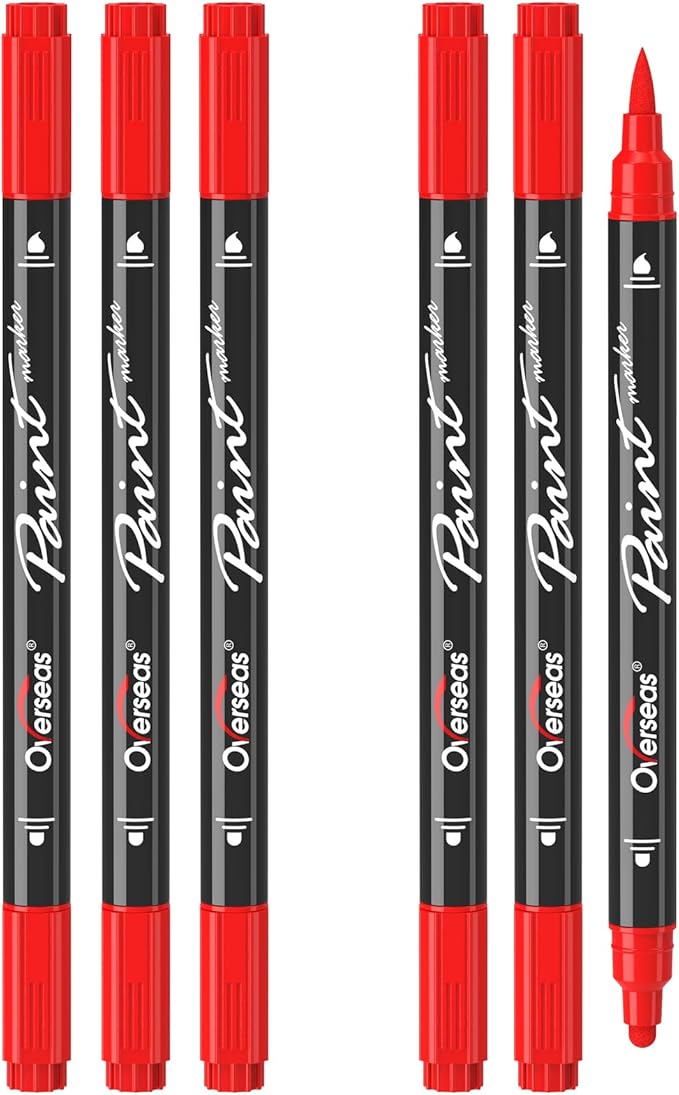 Overseas Red Acrylic Paint Markers, 6 Pack Dual Tip Paint Pens Acrylic Markers - Dot and Brush Tip Coloring Marker for Wood, Rock, Canvas, Glass, Metal, Plastic, Rubber, Fabric, School Supplies