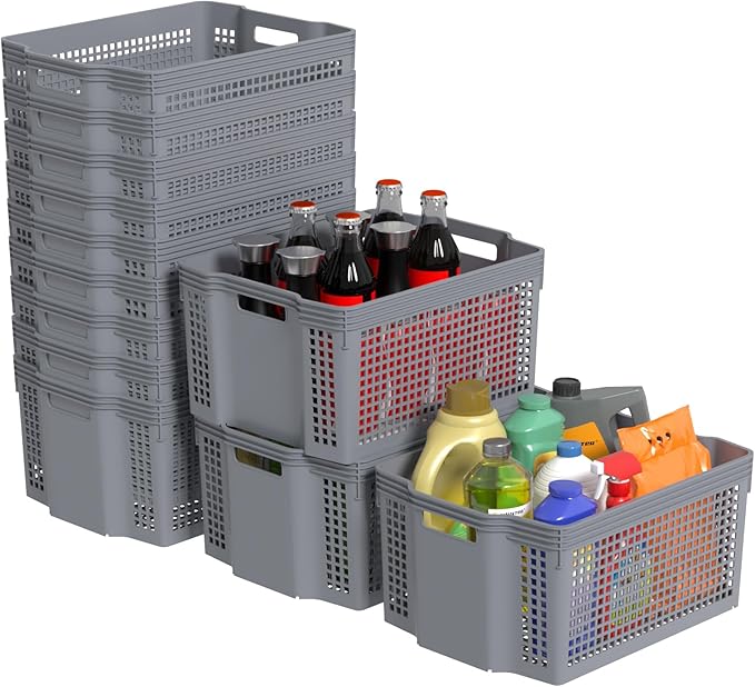 12-Pack Large Plastic Storage Baskets, Deep Stacking Storage Basket Bin, Open Cupboard Basket for Pantry, Grey