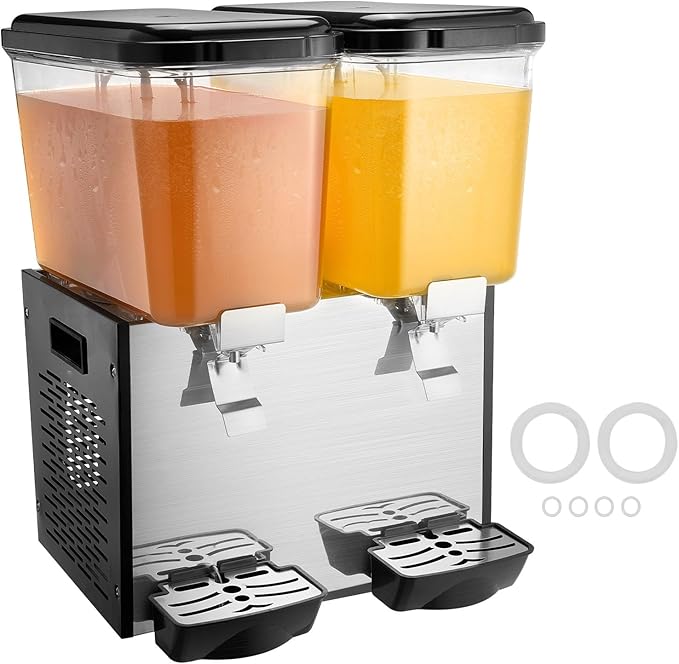 VEVOR Commercial Beverage Dispenser, 2 Tanks 18 L / 19 QT Per Tank Juice Dispenser, 370W Stainless Steel Ice Tea Drink Machine with 45°F-54°F Cooling Temperature, for Cold Drink Restaurant Bar Party
