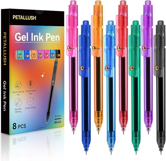 Gel Pens, 8 Pcs 0.5mm Black Ink Fine Point Smooth Writing Pens with 8 Refills, Quick Dry, Retractable Gel Ink Pens, Fun Pens for Teacher, Office, School, Gifts for Women and Men