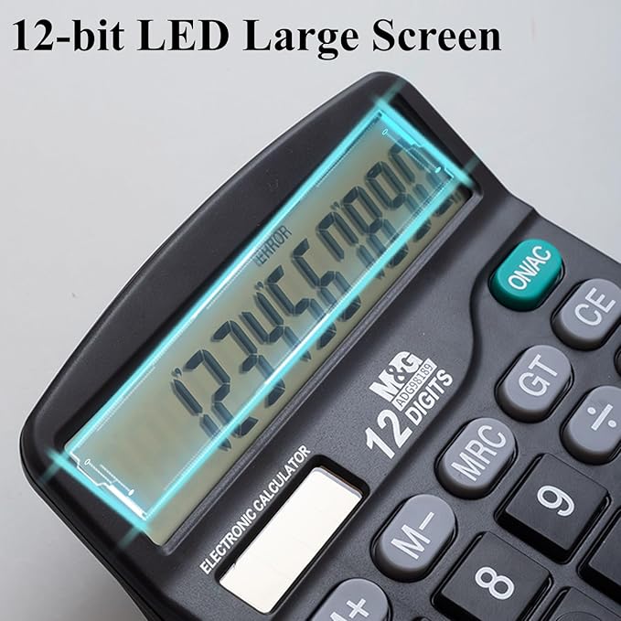 M&G Desk Calculator 12 Digit Office Calculators with Large LCD Display, Dual Solar Power and Battery, Recessed Big Button Calculator for Office Home School (Black, Pack of 5)
