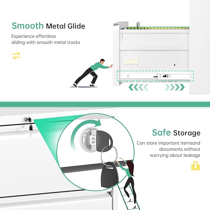 Bonusall Lateral File Cabinet with Lock, 2 Drawer Locking Lateral Filing Cabinet for Legal/Letter Size, Metal Horizontal File Organizer with Hanging Rack for Home Office, Heavy Duty, White