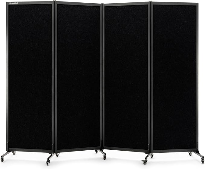 Upgrade Version Room Partition and Divider, Freestanding Rolling Dividers with Wheels,Office Privacy Screen Divider Wall,Classroom Felt Dividers,8'2"L* 6'7"H,4 Panel,Black