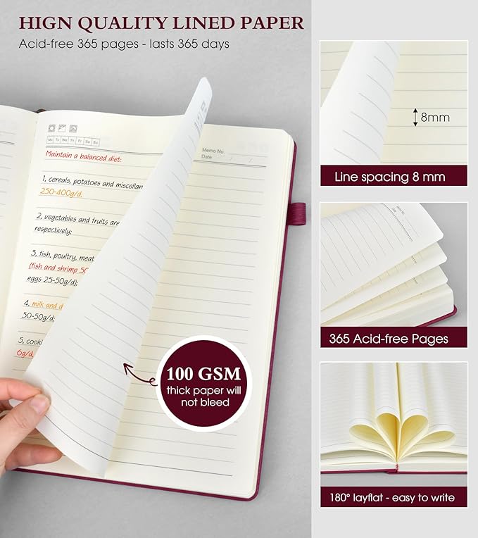 B5 Lined Journal Notebook - 365 Page Large Leather Journals for Writing Women Men,Hardcover Notebook with 100Gsm Thick Pages,Daily Diary for Travel, Work,School,College Ruled (7.6" x 10.3")