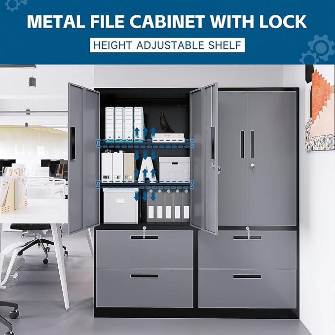 2-Drawer Metal File Cabinet,Lateral Filing Cabinets for Home Office,Locking File Cabinet with Storage Shelves,Legal/Letter/A4 Size Office File Cabinets(Black Grey, Assemble Required)