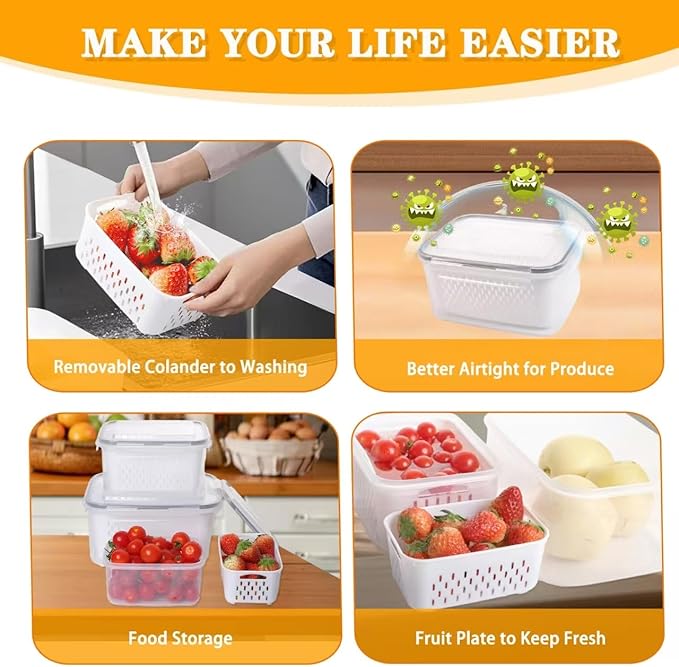 6 PCS Fruit Storage Containers for Fridge with Removable Colanders, Airtight Food Storage Container with Lids, Produce Saver, Leakproof Fridge Organizer Bins for Salad Berry Vegetables Keep Fresh