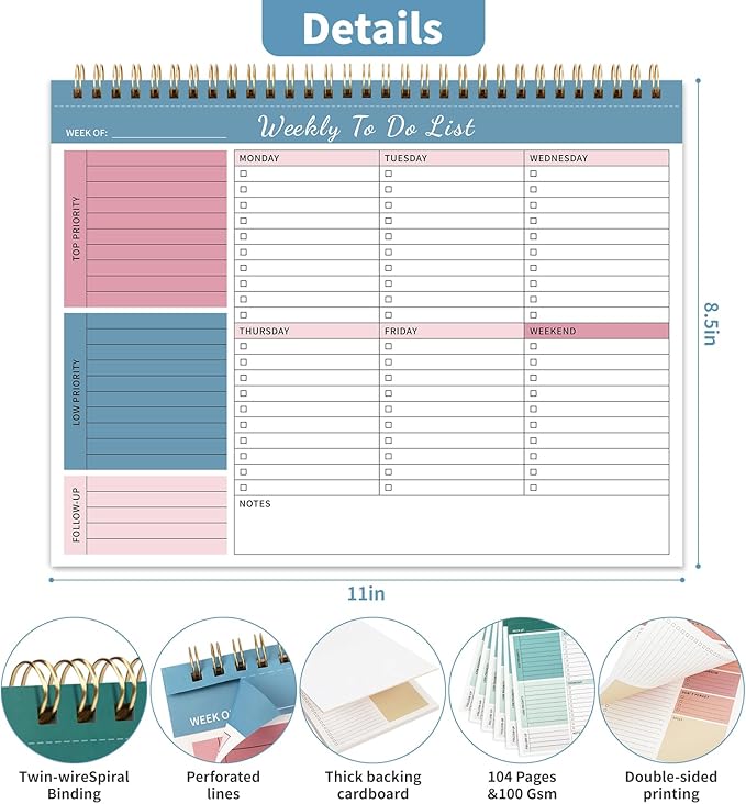 Weekly To Do List Notepad, 52 Undated Sheets (8.5"×11") Duplex-printed Weekly Planner Notepad For Work Home School Office Desk Accessories Supplies & Goal Setting Tasks - Blue