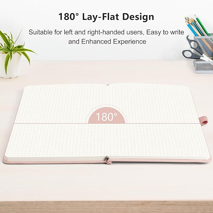 RETTACY Bullet Dotted Journal Notebook, 192 Pages, A5 Medium Size (5.7'' x 8.3''), Leather Hardcover, 100 GSM Thick Paper, for Bullet Journaling, Planning, Tracking (Rose Gold)