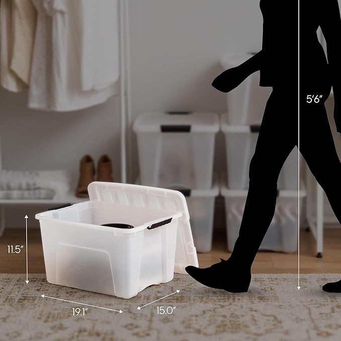 IRIS USA 40 Qt Stackable Plastic Storage Bins with Lids, 6 Pack - BPA-Free, Made in USA - Discreet Organizing Solution, Latches, Durable Nestable Containers, Secure Pull Handle - Pearl