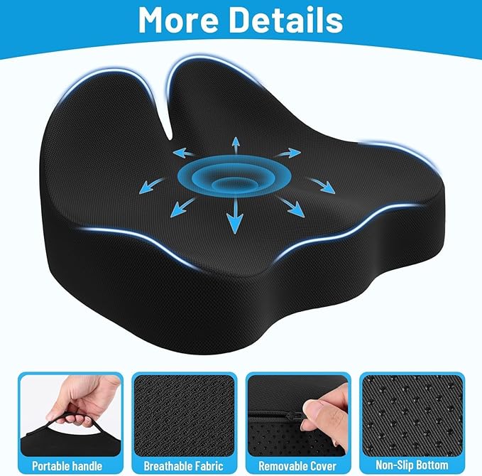 Seat Cushion, Memory Foam Office Chair Cushions, Ergonomic Curved Design for Sciatica, Tailbone, Coccyx, Seat Support for Car, Desk Chair, Wheelchair, Enhances Long Sitting Comfort (Black)