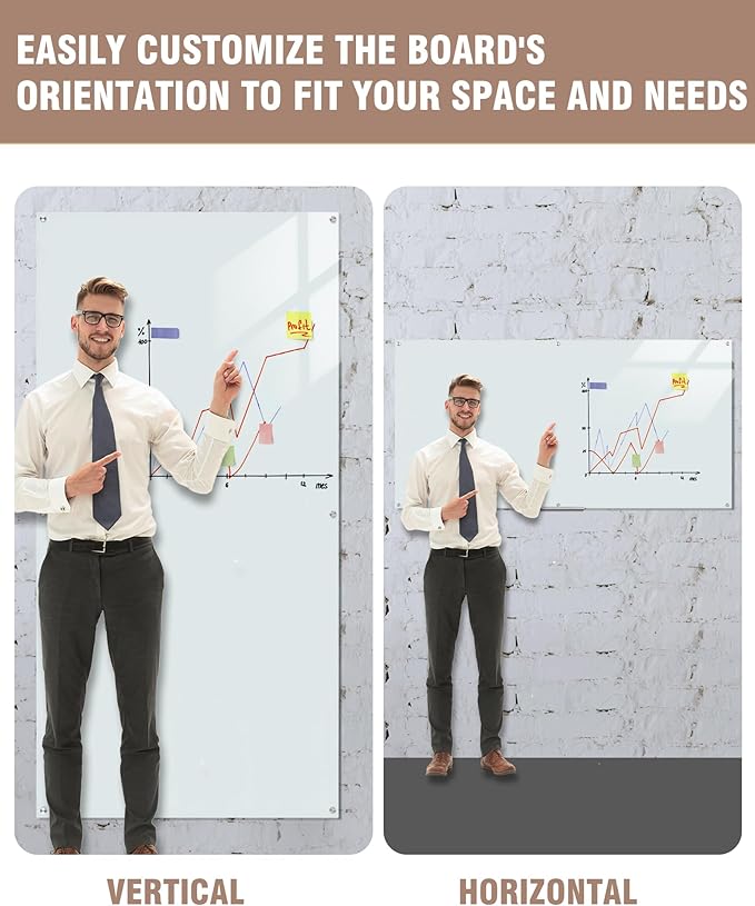 Magnetic Glass Whiteboard,96"x48" Wall Mounted Frameless Dry Erase Board for Office, Home & School White