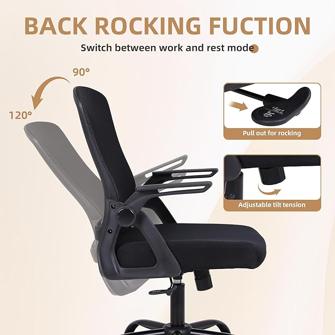 Office Chair, Ergonomic Desk Chair with Lumbar Support, Breathable Mesh Chair with Flip-up Armrests and Mid Back, Comfy Task Computer Height Adjustable Swivel Chair (8, Black)