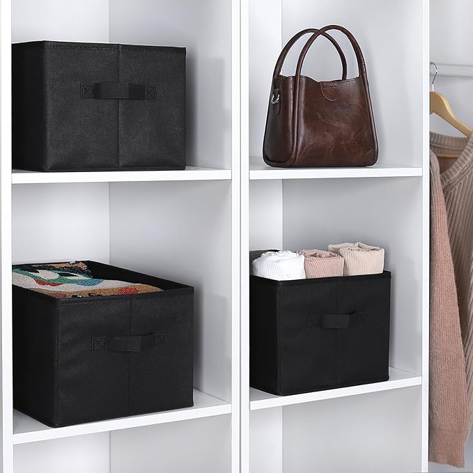 WUIKE Foldable Fabric Storage Bins with Handles, Closet Storage Baskets for Shelves and Clothes Organization, Large Black Shelf Baskets, 3-Pack, Black, Large