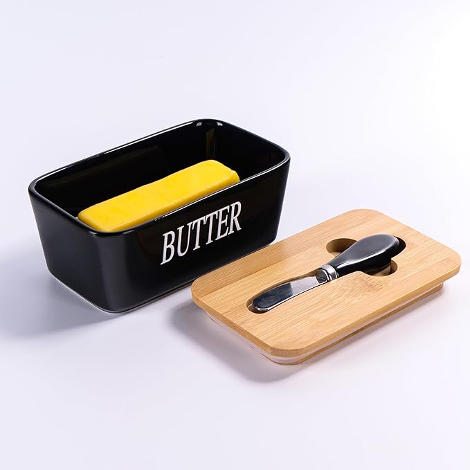 Black Butter Dish with Lid for Countertop, Large Ceramic Covered Butter Stick Holder Container for Fridge