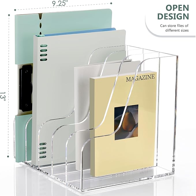 SANRUI Acrylic Desk Organizers, Clear Magazine File Holder, 5 Vertical Compartments A4 Folder Binder Holders Sorter, Office Desktop Workspace Organization Storage Rack for Office Home School