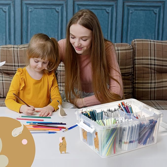 loobuu 17QT Plastic Storage Bins with Lids - 1 Pack Art Craft Supply Organizer Box with Brush Pot for Kids, Stackable Clear Pen Container for Toy/Sewing/Comestic/Tool/Playdoh (1 Pack)