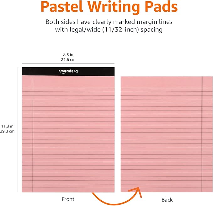 Amazon Basics Wide Ruled 8.5 x 11.75-Inch 50 Sheet Perforated Lined Writing Note Pads, Pack of 6, 300 Count, Multicolor