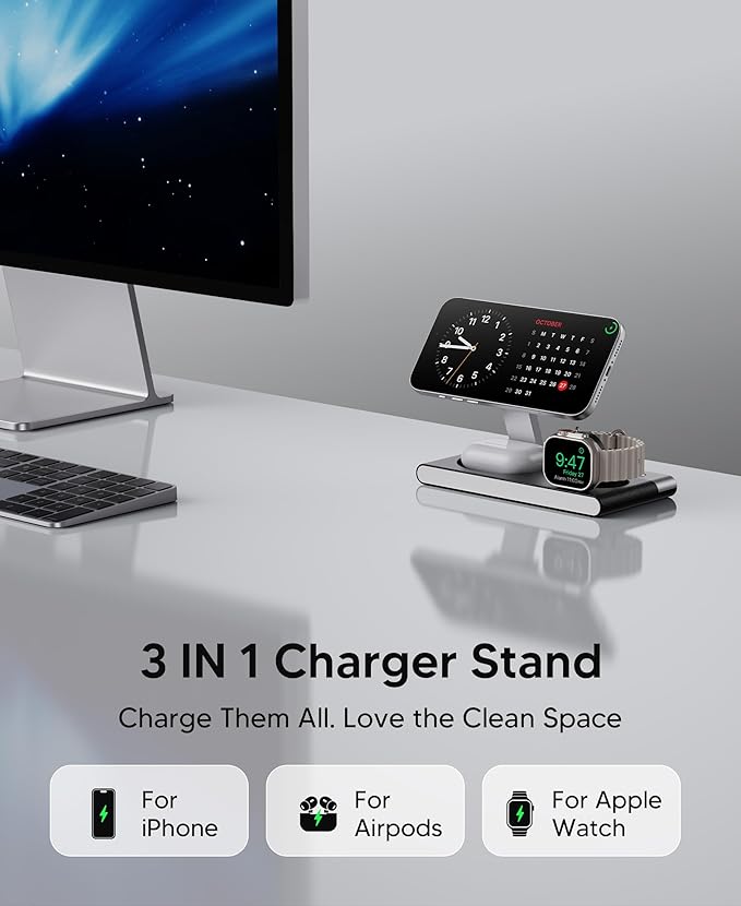 Foldable 3 in 1 Magnetic Wireless Charging Station for Apple Devices, Leather-Like Fast Wireless Charger Dock with Night Light for Magsafe iPhone 17/16/15/14/13/12 Series, Apple Watch, AirPod