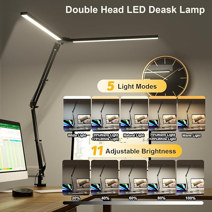 SKYLEO Led Desk Lamp for Home Office - 2400LM Ultra Bright Desk Light -Eye Caring Desk Lamp with Clamp - Adjustable Office Lamp with Remote Control- Easy Installation - 24W Black