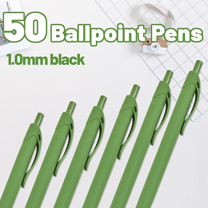BallPoint Pens, 50 Pack (BLACK Ink),Bulk Pens, Green Barrel,Click Pens for Office Home and School, Retractable Ballpoint Pens, Medium Point, 1.00MM (Green)