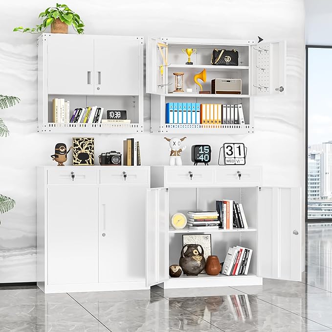 INTERGREAT Metal Cabinets with Drawers,White Metal Storage Cabinets with Doors and Shelves for Garage,Locking Garage Storage Cabinets Drawer 42"×36"×18"