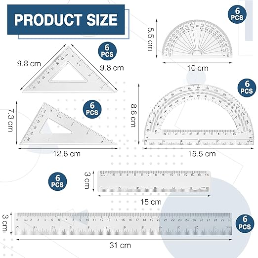 Tenare 36 Pcs Plastic Clear Math Set Includes Protractor Triangle Rulers 12 Inch 6 Inch Straight Geometry Math Transparent Ruler Measuring Tool for School Office Home Supplies