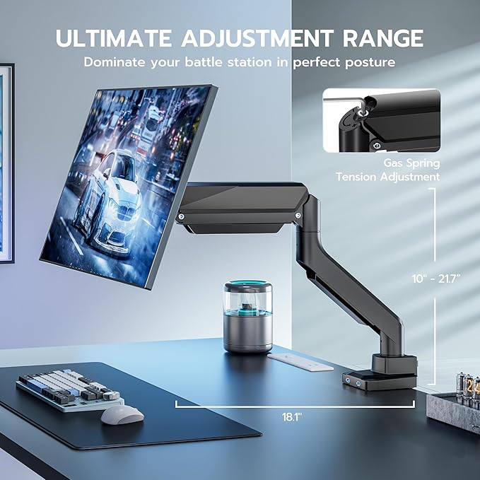 ARES WING Single Monitor Arm, Heavy Duty Adjustable Monitor Arm for 13"-45" Screens with USB, Gas Spring Desk Mount Stand with C Clamp/Grommet Mounting Base up to 40lbs Computer, Black