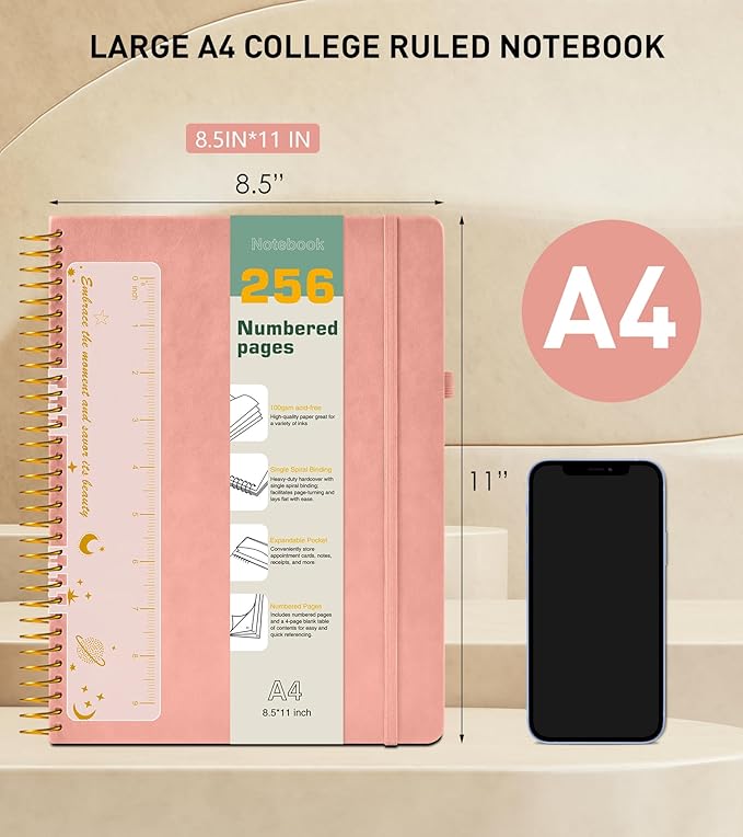 A4 Spiral Notebook Journal 8.5” x 11”, 256 Numbered Pages Hardcover Leather Journals for Women Men, Large Lined College Ruled Notebooks, 100GSM Thick Paper, Spiral Bound Journal for Work School, Pink