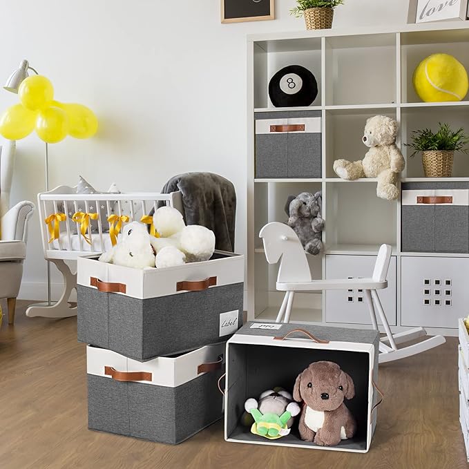 GhvyenntteS Extra Large Storage Bins with Lids, Foldable Fabric Storage Boxes with Lids and Handles, Storage Baskets with Lid and Label for Home Office (3 Pack, Grey, 15.75" x 11.8" x 10.2")