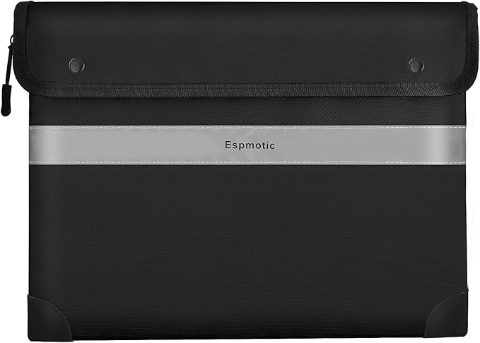 Fireproof Document Bag – 5200°F Heat-Resistant, 14.2" x 10.6" Waterproof Money Pouch with 8-Layer Protection, Zipper and Snap Closure, Reflective Strip for Quick Access, Black