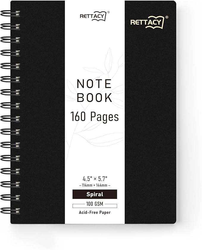 RETTACY Pocket Journal Notebook, 160 Lined Pages, A6 Mini Small Size (4.5" × 5.7"), for Work, Journaling, Writing, 100 GSM Thick Paper, Spiral-bound, Flexible Plastic Cover (Black)