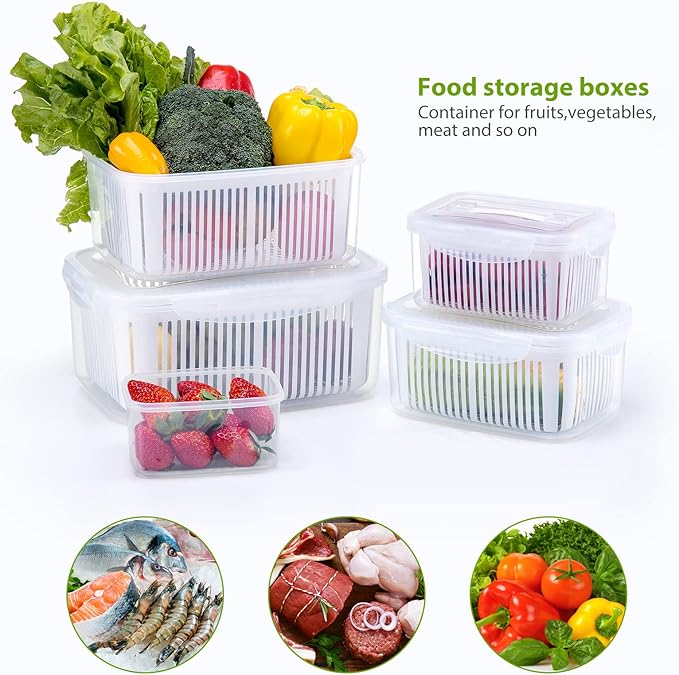 LUXEAR Larger Fruit Vegetable Produce Storage Saver Containers with Lid & Colander 5 Packs BPA-Free Plastic Fresh Keeper Set | Refrigerator Fridge Organizer | for Salad Berry Lettuce Food Celery