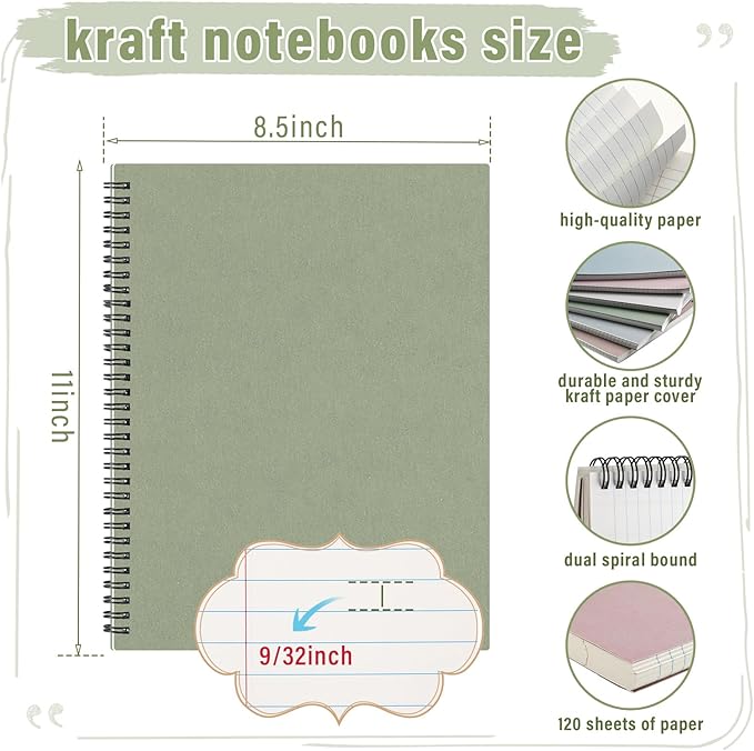 Glenmal 6 Pcs Spiral Notebook for Work A4 8.5 x 11'' College Ruled Spiral Journal Notebook Kraft Cover Ruled Paper, 120 Sheets 240 Pages for Office Study Supplies(Morandi Colors)