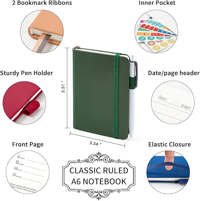 feela Pocket Mini Notebooks Bulk, Small Cute Memo Notepads Hardcover College Ruled Lined Journals with Pen Holder for School Business Work, with 6 Black Pens, 3.5”x 5.5”, 6 Pack, A6, Vintage Colors