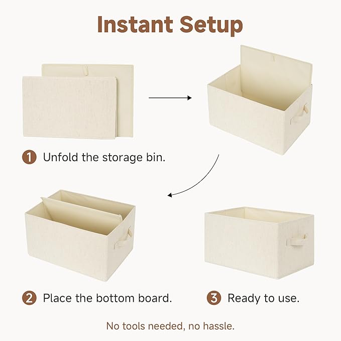 StorageWorks Storage Baskets for Shelves, Foldable Fabric Closet Storage Bins with Handles, Fabric Storage Bins Clothes Organizer, Beige(Cotton-linen), 3-Pack, Large